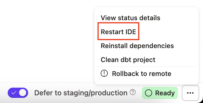Restart the IDE by clicking the three dots on the lower right or click on the Status bar